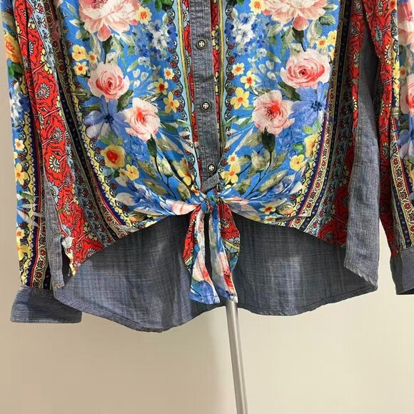 NWOT John Mark Floral Embroidered Long Roll-Tab Sleeve Shirt Tunic Blouse Top S - Picture 9 of 12